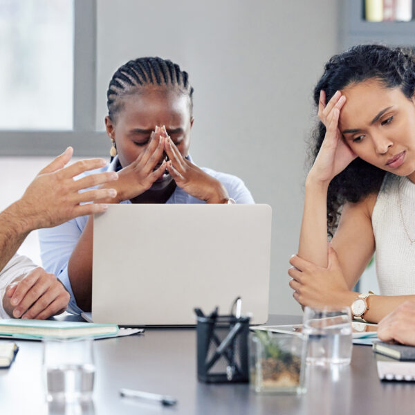 Business people, group and meeting with stress, office or negotiation for problem solving, frustrated or fail. Businessman, women and talk for solution, strategy or plan with anger, mistake or risk.