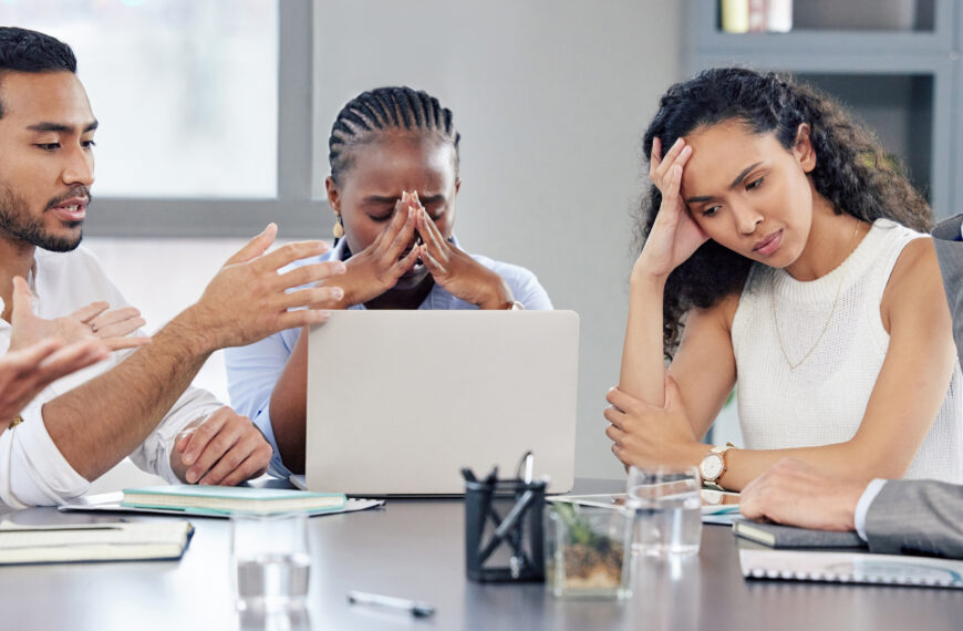 Business people, group and meeting with stress, office or negotiation for problem solving, frustrated or fail. Businessman, women and talk for solution, strategy or plan with anger, mistake or risk.